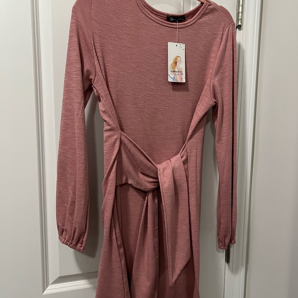Pink Long Sleeve Dress with Tie Detail